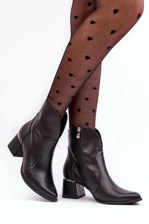 Skórzane Botki Kowbojki Damskie Na Obcasie Czarne Lewski 3166/B/2