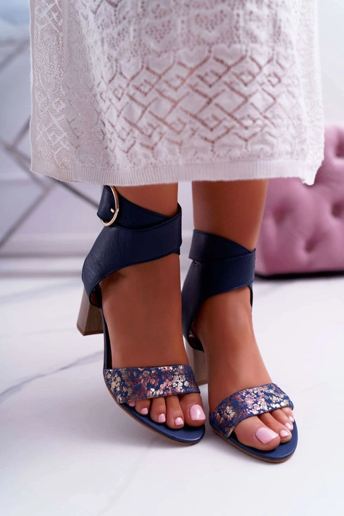 Skórzane Damskie Sandały Maciejka Na Słupku Granatowe 03597