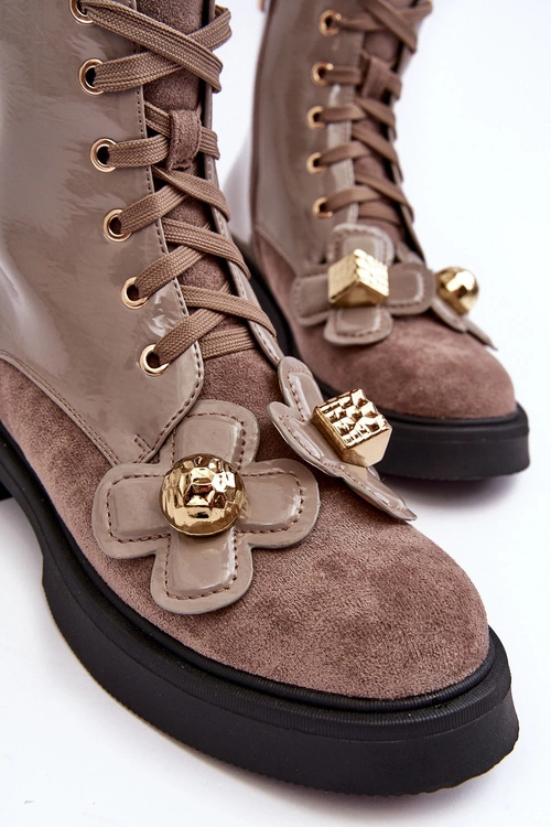 Modne Damskie Botki Na Suwak Z Ozdobami D&A MR870-76 Szaro-Brązowe