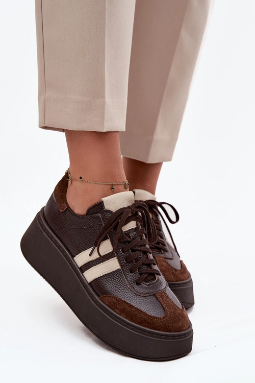 Skórzane Sneakersy Damskie Na Platformie Zazoo 3775 Czekoladowe