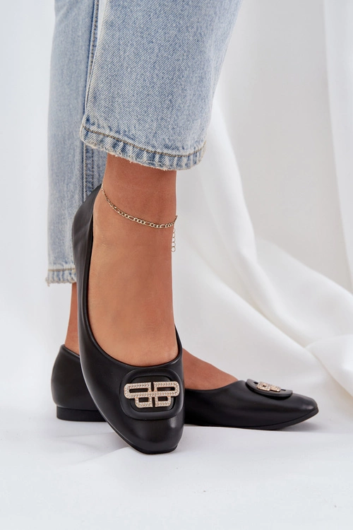 Baleriny Na Płaskiej Podeszwie Z Ozdobą Czarne Ainoria