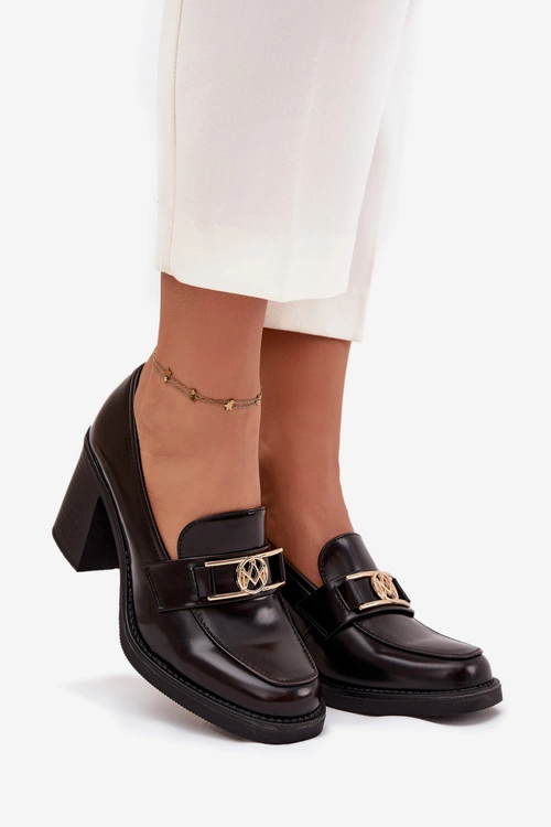 Półbuty Damskie Na Słupku Ze Złotym Detalem Czekoladowe Privelle