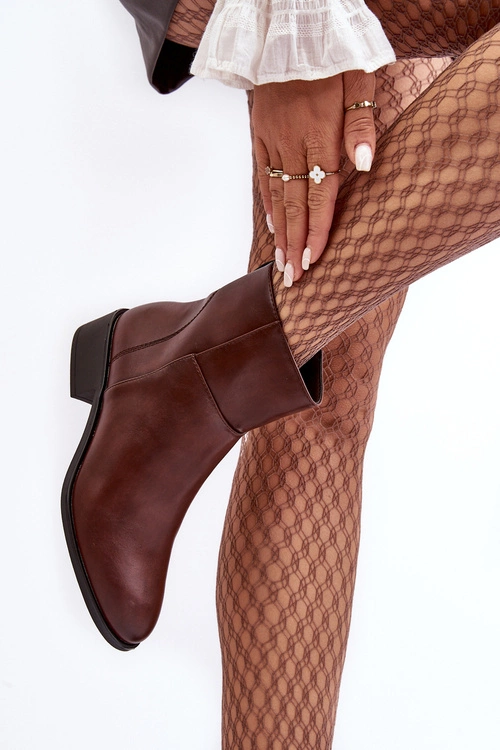 Damskie Skórzane Botki Na Suwak Brązowe Semotti