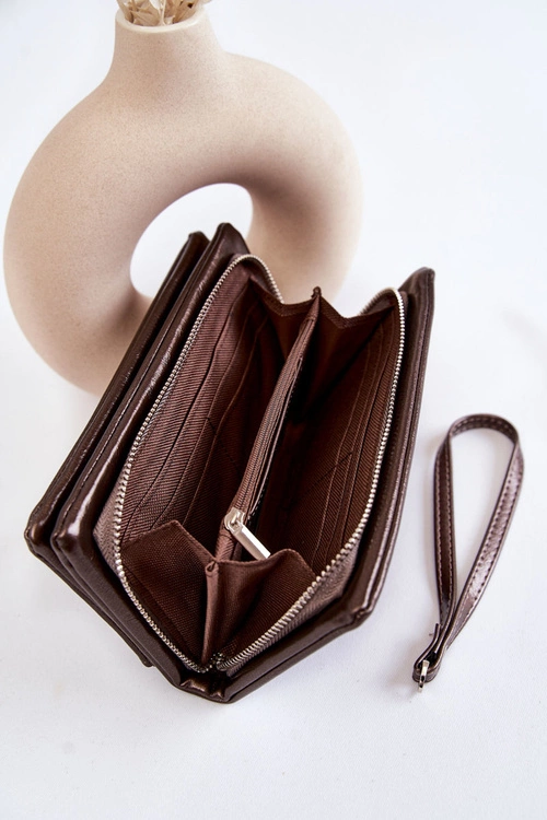 Damski Duży Skórzany Portfel Na Zamek Ciemnobrązowy Shiness