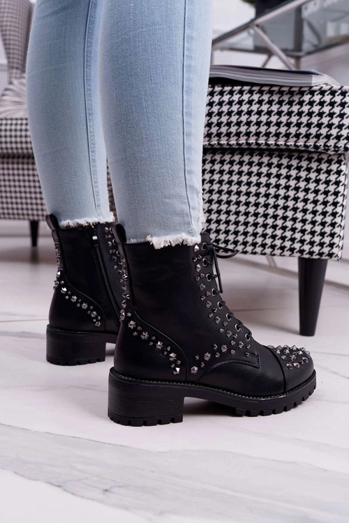 Damskie Botki Workery Z Dżetami Czarne Gether