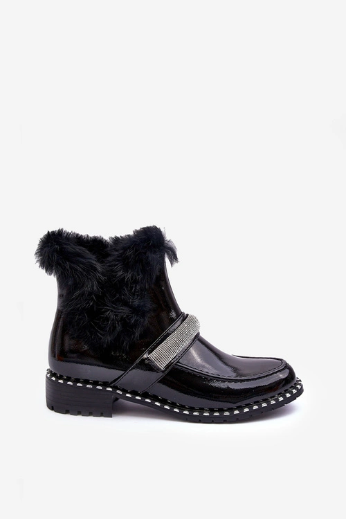 Niskie Botki Lakierowane Z Futerkiem I Ozdobą S.Barski MR870-74 Czarne