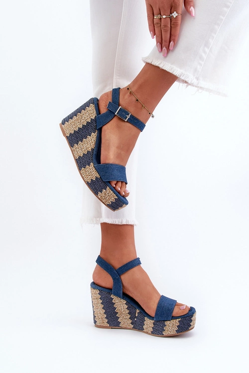 Jeansowe Sandały Damskie Na Koturnie Z Plecionką Niebieskie Reviala