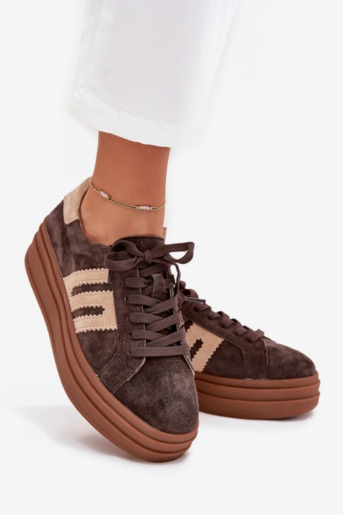 Sneakersy Damskie Na Platformie Z Naturalnego Zamszu Czekoladowe Eldira
