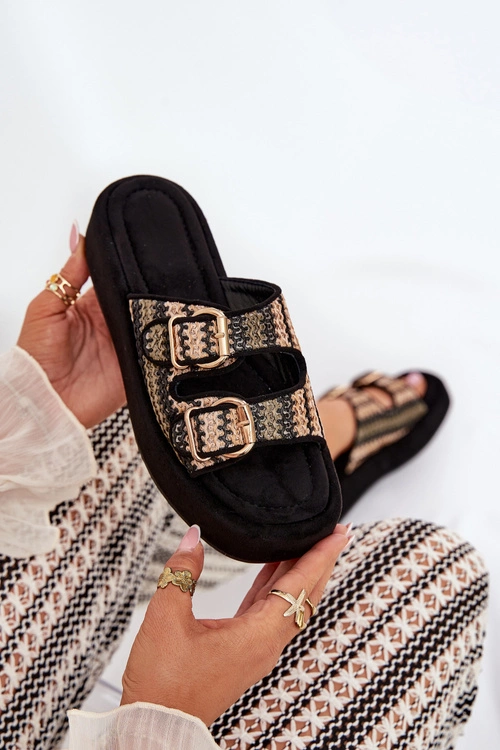 Klapki Damskie Na Platformie Z Klamrami I Plecionką Czarne Limme