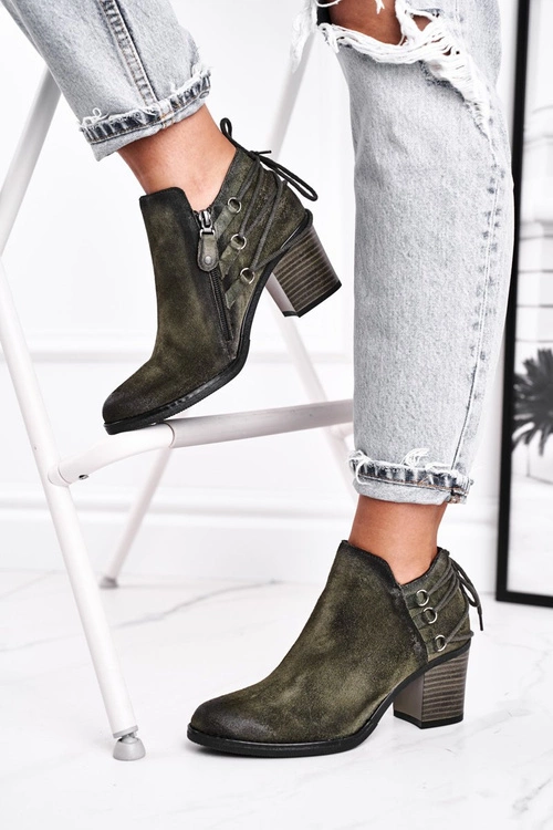 Botki Damskie Na Słupku Maciejka Wiosenne Skóra Oliwkowe 04812-24