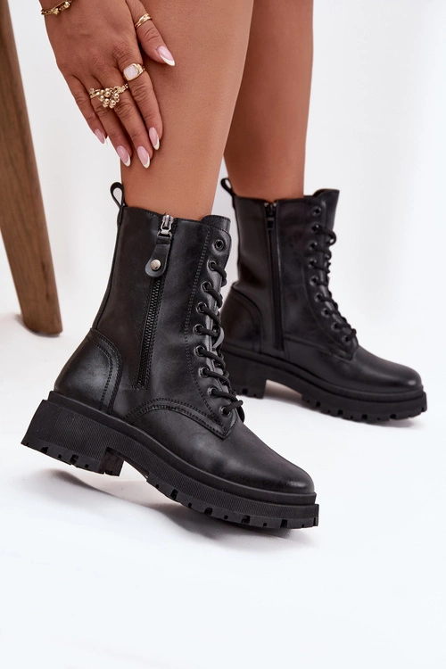 Botki Workery Damskie Ocieplane Z Podwójnym Zamkiem Czarne Perlina