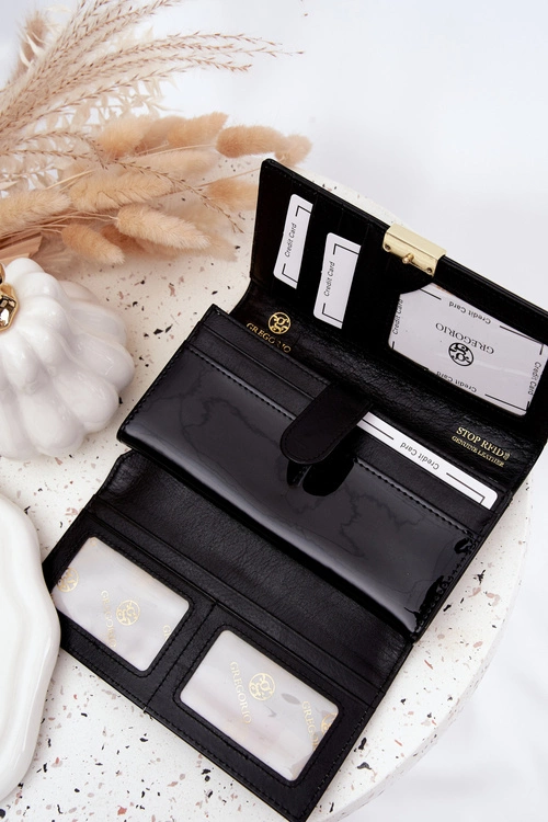 Lakierowany Portfel Damski Z Drobinkami Czarny Selavie