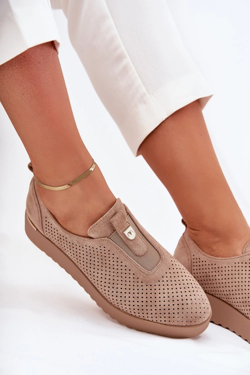 Półbuty Damskie Na Platformie Z Eko Zamszu Ciemnobeżowe Aviara