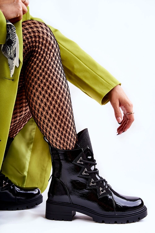 Lakierowane Ocieplane Botki Z Dżetami Czarne Gwen