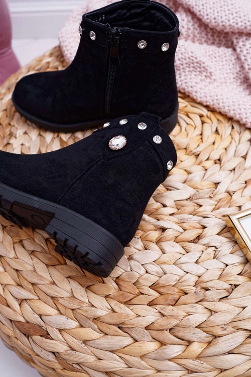 Młodzieżowe Botki Czarne z Kryształkami Płaski Obcas Venici