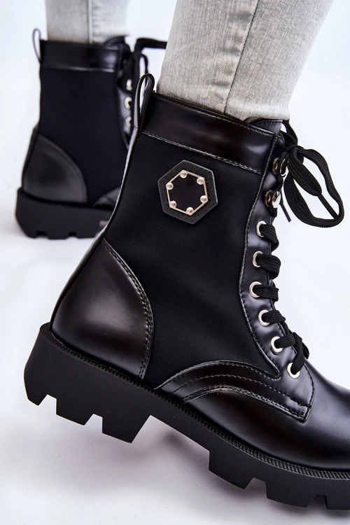 Damskie Sznurowane Botki Trapery Z Ociepleniem Czarne Nomi