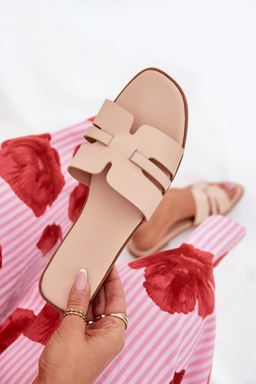 Klapki Damskie Na Płaskim Obcasie Z Wycięciami Eko Skórzane Beżowe Ecapus