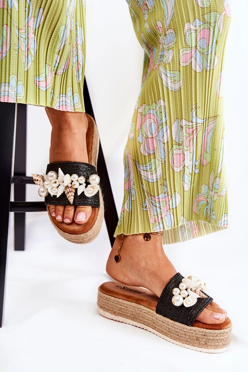 Damskie Klapki Na Platformie Z Muszelkami Czarne Tolia