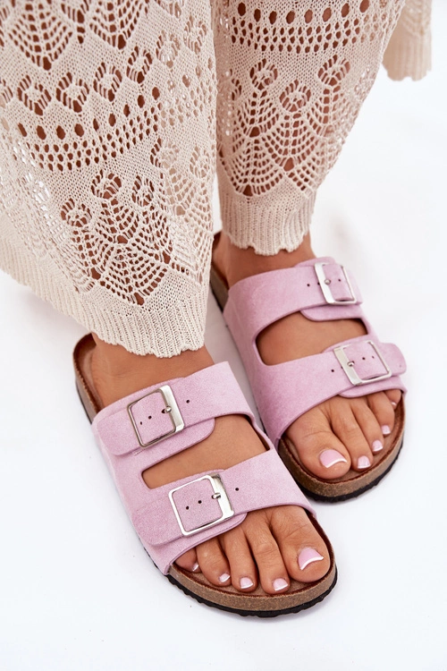 Klapki Damskie Na Korkowej Platformie Klamry Lawendowe Evisolla