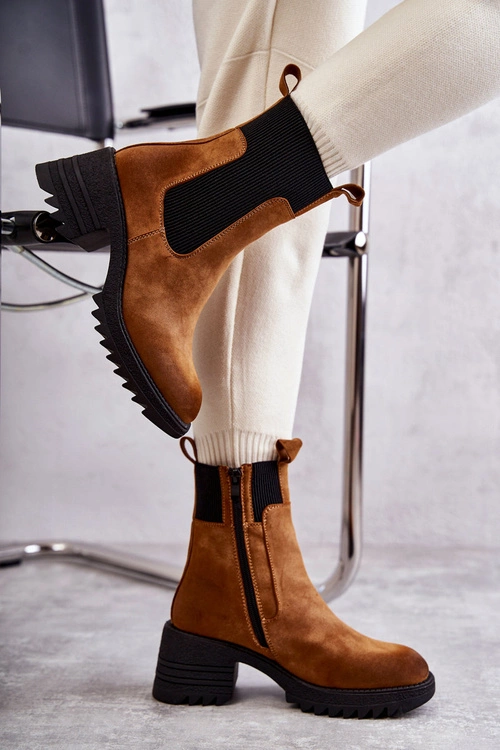 Damskie Ocieplane Botki Na Obcasie Camel Abella