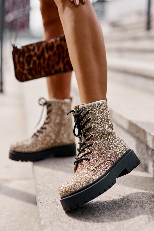 Ocieplane Botki Workery Damskie Ozdobione Cekinami Złote Liatheine