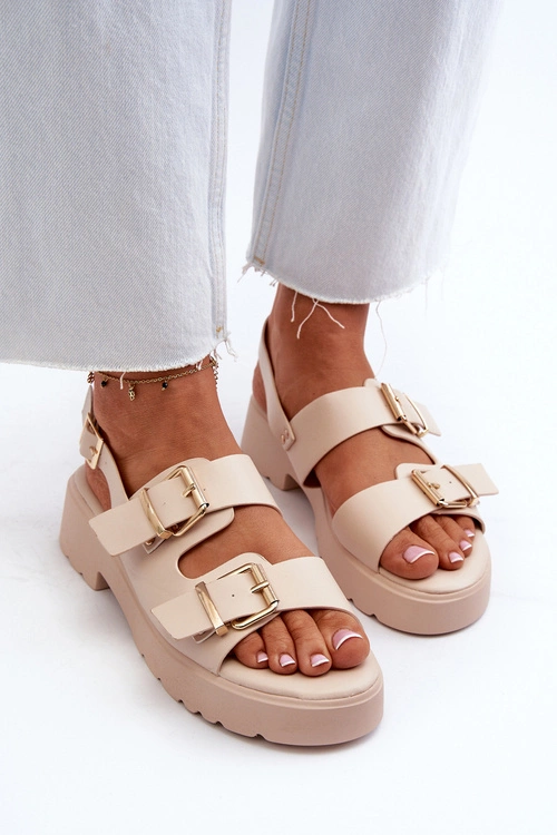 Sandały Damskie Z Klamrami Eko Skórzane Beżowe Konanttia