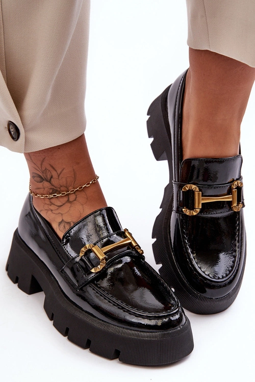Damskie Lakierowane Półbuty Loafery Z Ozdobą Czarne Peuria