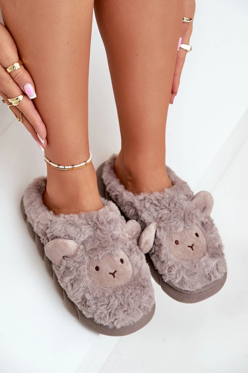 Futrzane Kapcie Damskie Z Motywem Owcy Ciemnobeżowe Phaeia