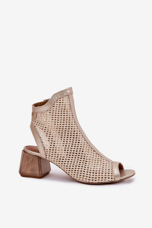 Skórzane Botki Damskie Na Obcasie Z Odkrytą Piętą Maciejka 06899-25 Złoto-Beżowe