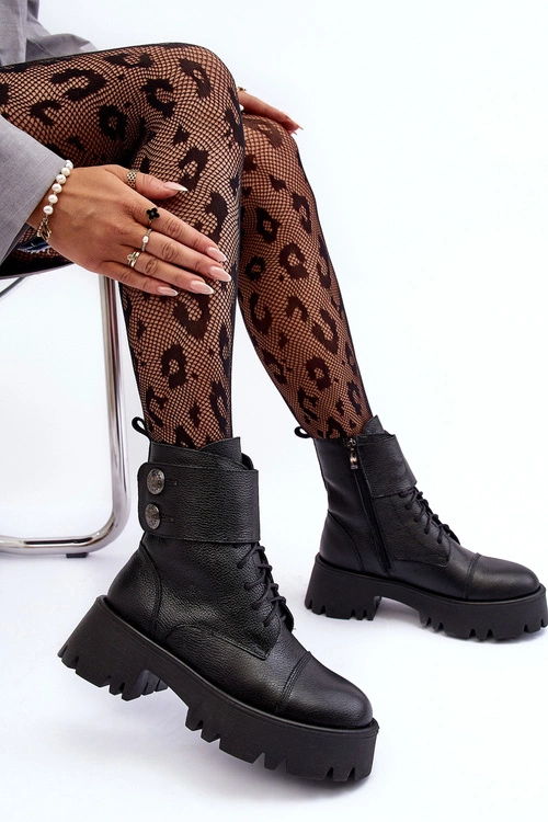 Skórzane Workery Botki Damskie Czarne Lemar Anceria