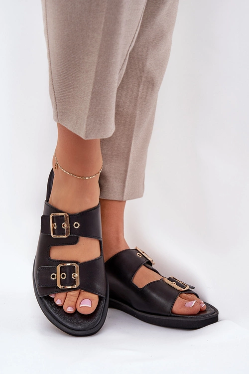 Skórzane Płaskie Klapki Z Klamrami Zazoo 3020 Czarne