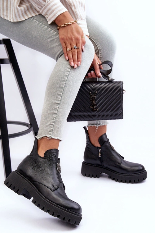 Damskie Skórzane Botki Z Ozdobą Czarne Lemar Lusanna