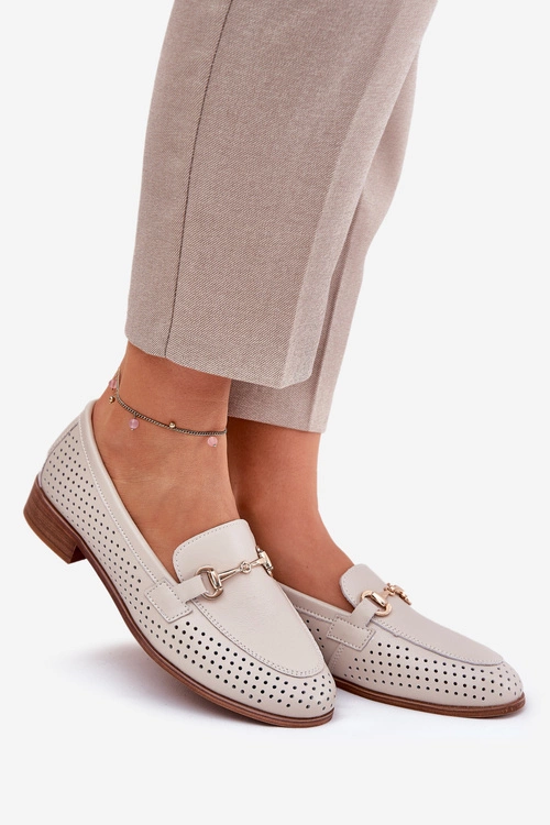 Skórzane Mokasyny Damskie Z Ozdobą Na Płaskim Obcasie S.Barski LR51-588 Beżowe