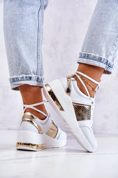 Damskie Skórzane Buty Sportowe Na Koturnie Białe Larson