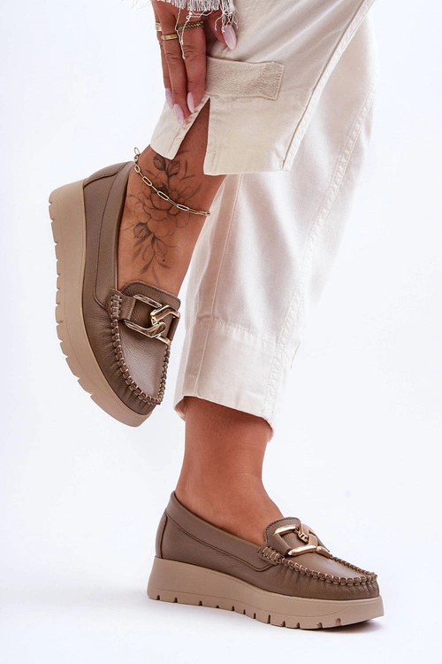 Zazoo 10141 Skórzane Mokasyny Na Platformie Z Ozdobą Ciemnobeżowe