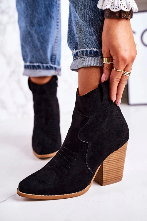 Damskie Kowbojskie Ocieplane Botki Na Słupku Czarne Margaret