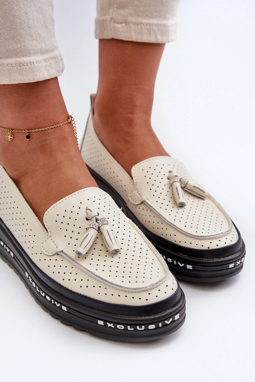 Skórzane Mokasyny Damskie Na Platformie Beżowe Assetnima