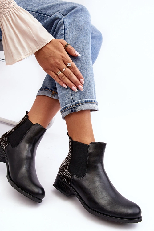 Niskie Damskie Botki Sztyblety Ze Zdobieniem Czarne Donname