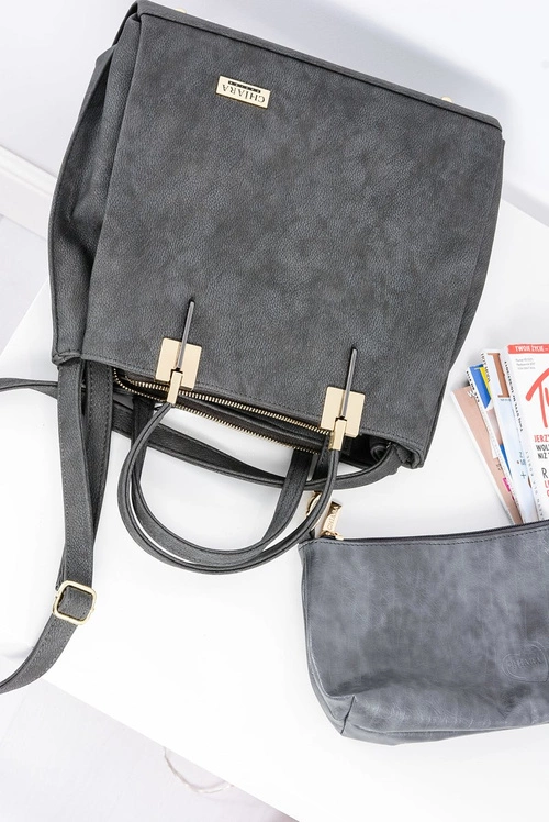 Duża Szara Torebka Damska + Saszetka + Lustereczko POLSKA