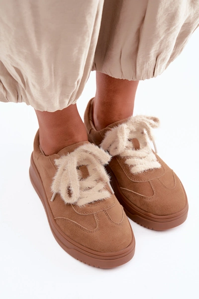 Zamszowe Sneakersy Z Futrzanym Sznurowaniem Kobbo 79655 Camel