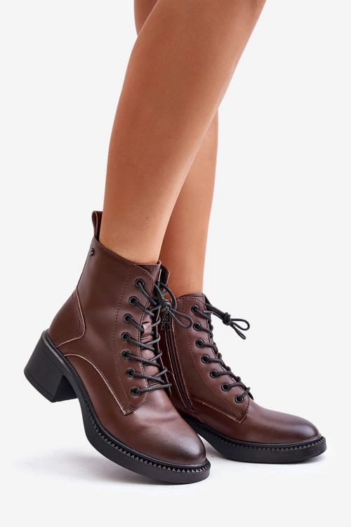 Ocieplane Botki Damskie Na Niskim Obcasie Ze Skóry naturalnej Vinceza 66722 Brązowe