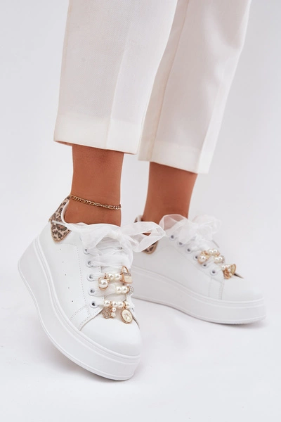 Sneakersy Damskie Na Platformie Z Przypinkami Białe Panterka Ocerdia
