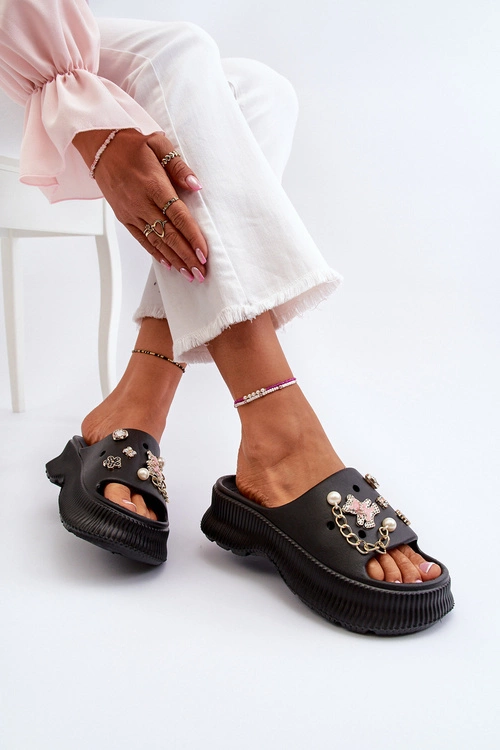 Damskie Piankowe Klapki Z Ozdobami Czarne Afariana