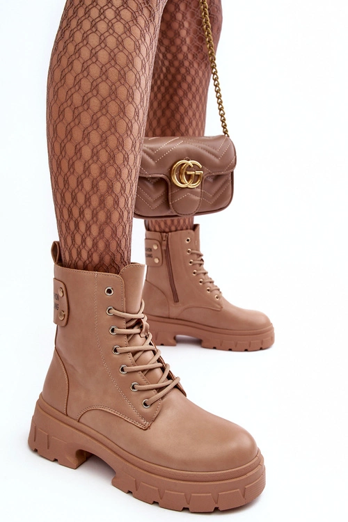 Damskie Workery Botki Sznurowane Na Płaskim Obcasie Beżowe Brenhile