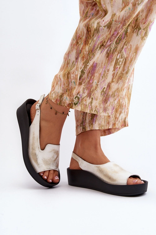 Zazoo 2893 Sandały Damskie Skórzane na Grubej Podeszwie Złoty Przecierany