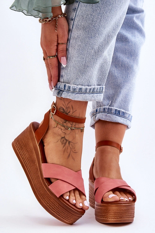 Damskie Wygodne Sandały Na Koturnie Brązowo-Różowe Laurie