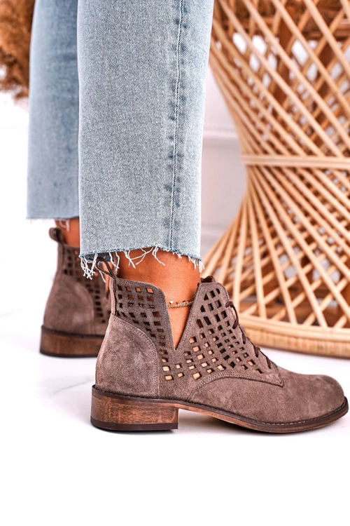 Damskie Ażurowe Botki Zamszowe Brązowe Susannah