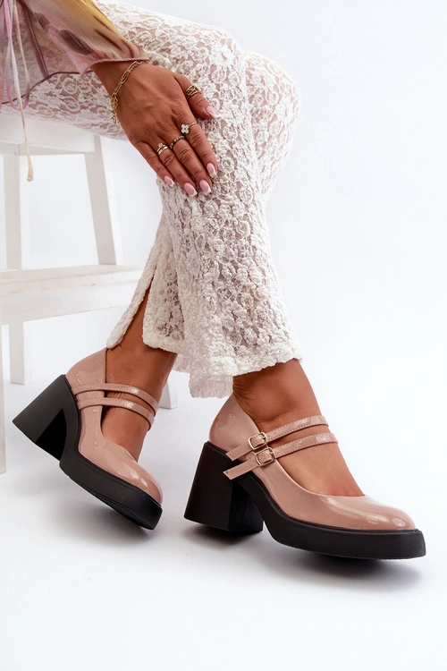 Czółenka Na Masywnym Obcasie Lakierowane Ciemnobeżowe Halmina