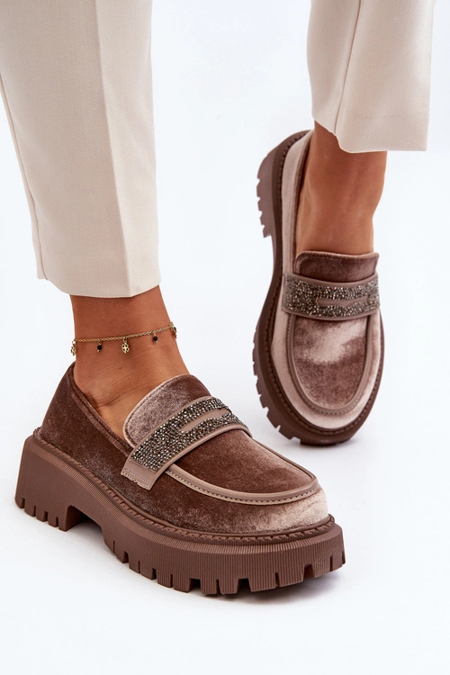 Damskie Welurowe Mokasyny Z Ozdobą Brązowe Wendreda