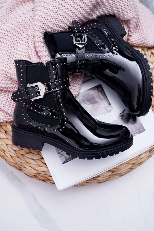 Botki Damskie Płaski Obcas Ciepłe Lakierowane Czarne Verre